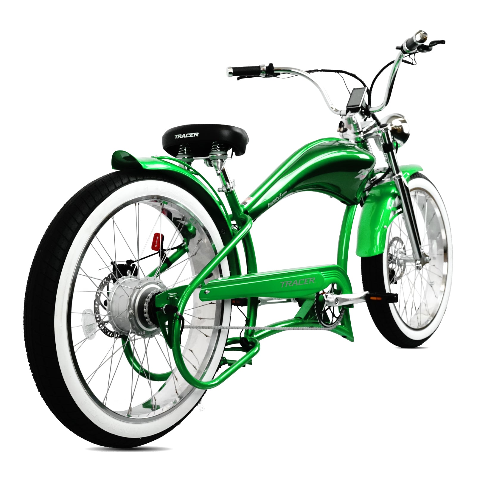 Tracer Twenty5 GTS  26" Chopper Stretch Cruiser E-Bike Steel Frame Triple Tree Dual Springer Classical Fork Disc Brake Motor 5-Speed Hi-Rise HANDLEBAR Alloy Polishing FAT Rims Front 3" Rear 4" 26x3.0 White Wall Tires - Energize Trek