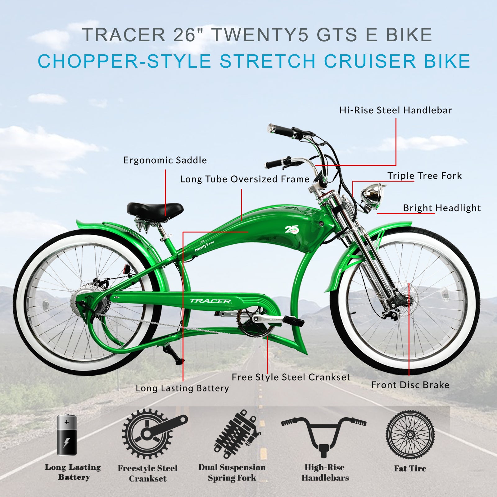 Tracer Twenty5 GTS  26" Chopper Stretch Cruiser E-Bike Steel Frame Triple Tree Dual Springer Classical Fork Disc Brake Motor 5-Speed Hi-Rise HANDLEBAR Alloy Polishing FAT Rims Front 3" Rear 4" 26x3.0 White Wall Tires - Energize Trek