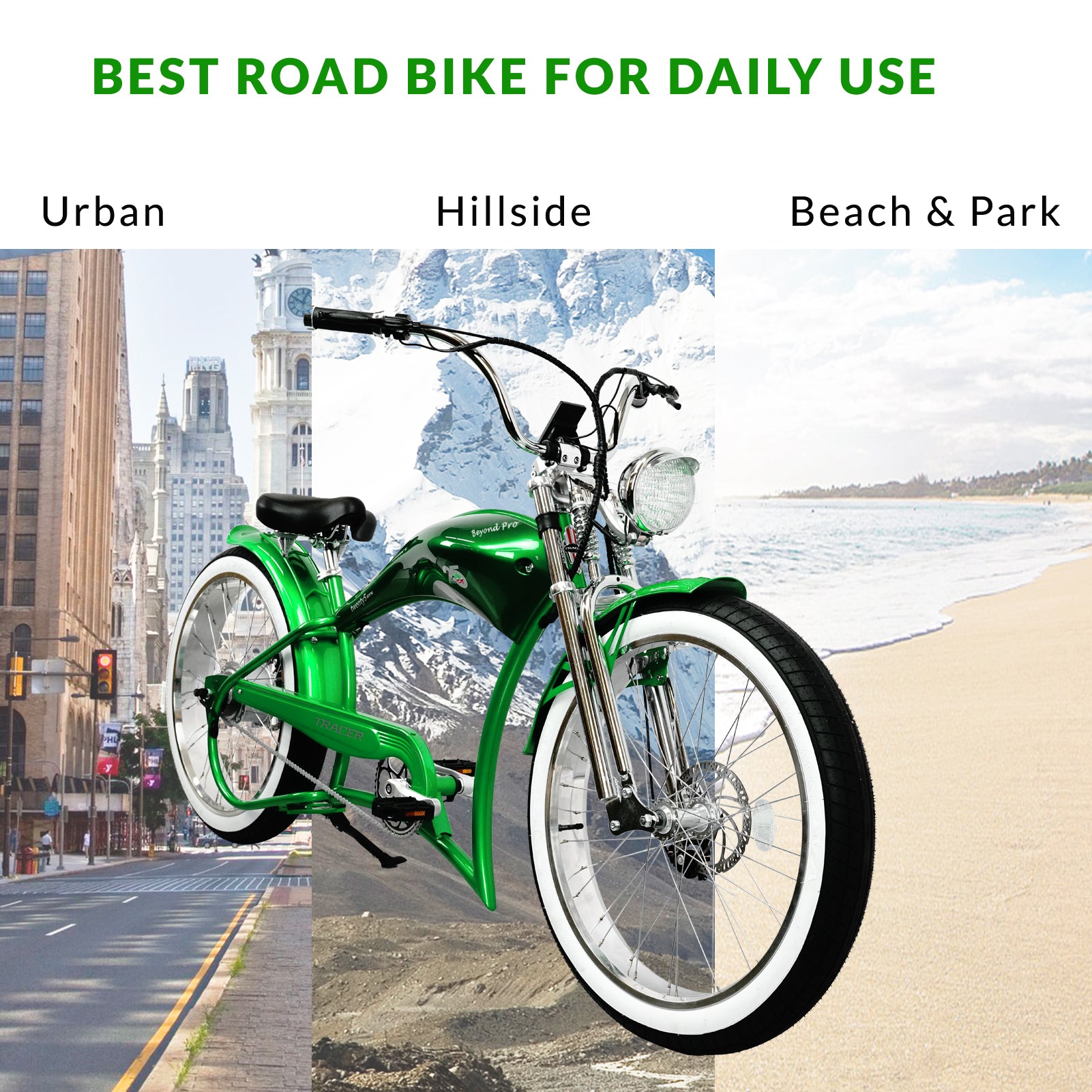 Tracer Twenty5 GTS  26" Chopper Stretch Cruiser E-Bike Steel Frame Triple Tree Dual Springer Classical Fork Disc Brake Motor 5-Speed Hi-Rise HANDLEBAR Alloy Polishing FAT Rims Front 3" Rear 4" 26x3.0 White Wall Tires - Energize Trek