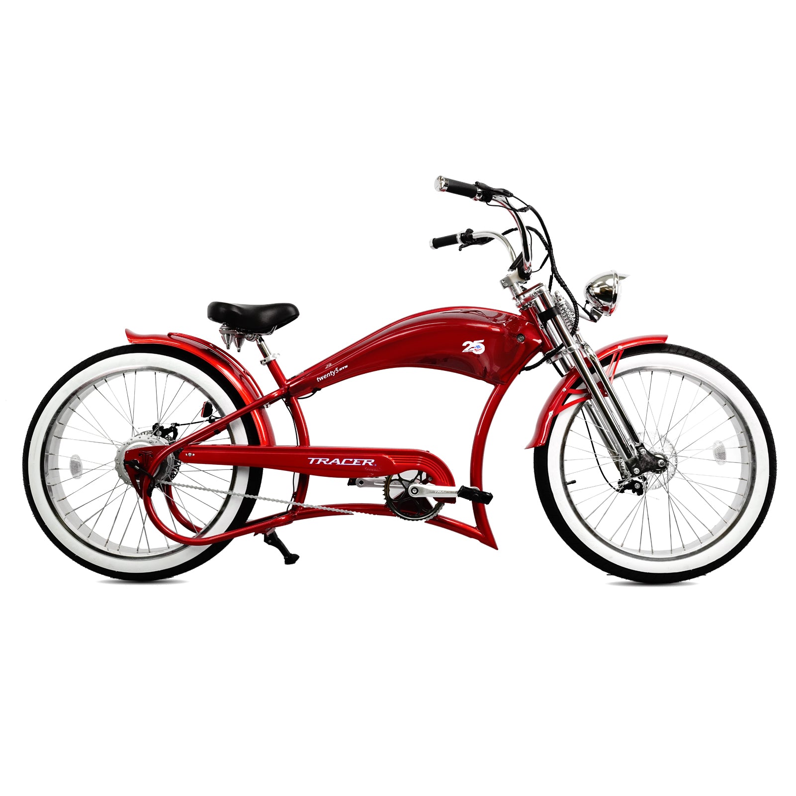 Tracer Twenty5 GTS  26" Chopper Stretch Cruiser E-Bike Steel Frame Triple Tree Dual Springer Classical Fork Disc Brake Motor 5-Speed Hi-Rise HANDLEBAR Alloy Polishing FAT Rims Front 3" Rear 4" 26x3.0 White Wall Tires - Energize Trek