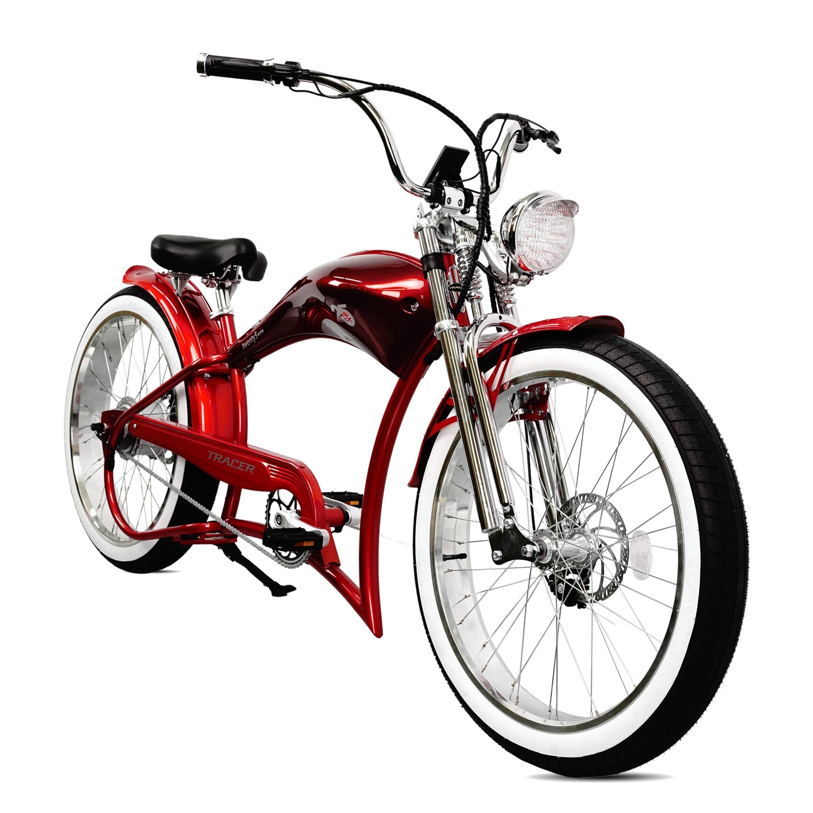 Tracer Twenty5 GTS  26" Chopper Stretch Cruiser E-Bike Steel Frame Triple Tree Dual Springer Classical Fork Disc Brake Motor 5-Speed Hi-Rise HANDLEBAR Alloy Polishing FAT Rims Front 3" Rear 4" 26x3.0 White Wall Tires - Energize Trek