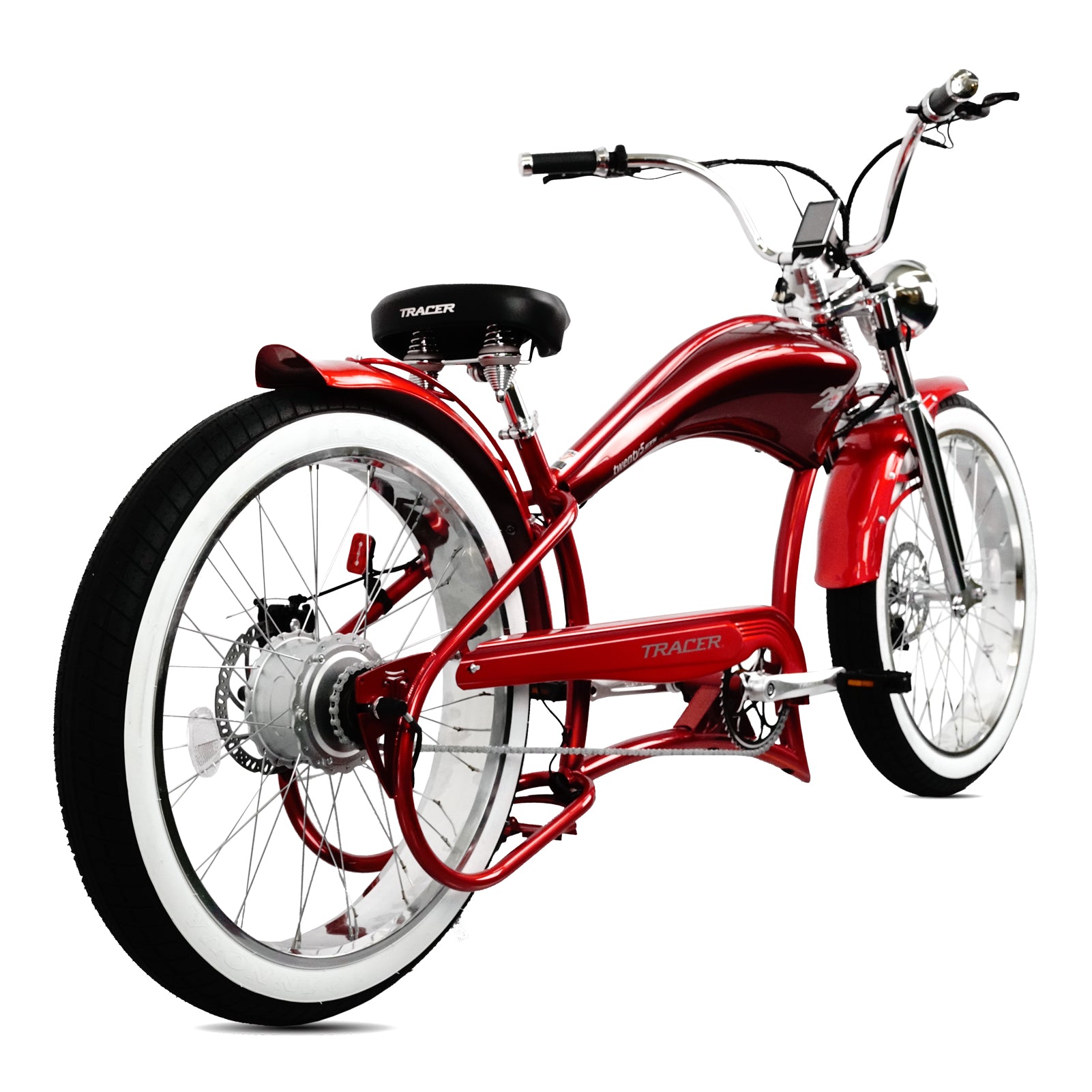 Tracer Twenty5 GTS  26" Chopper Stretch Cruiser E-Bike Steel Frame Triple Tree Dual Springer Classical Fork Disc Brake Motor 5-Speed Hi-Rise HANDLEBAR Alloy Polishing FAT Rims Front 3" Rear 4" 26x3.0 White Wall Tires - Energize Trek