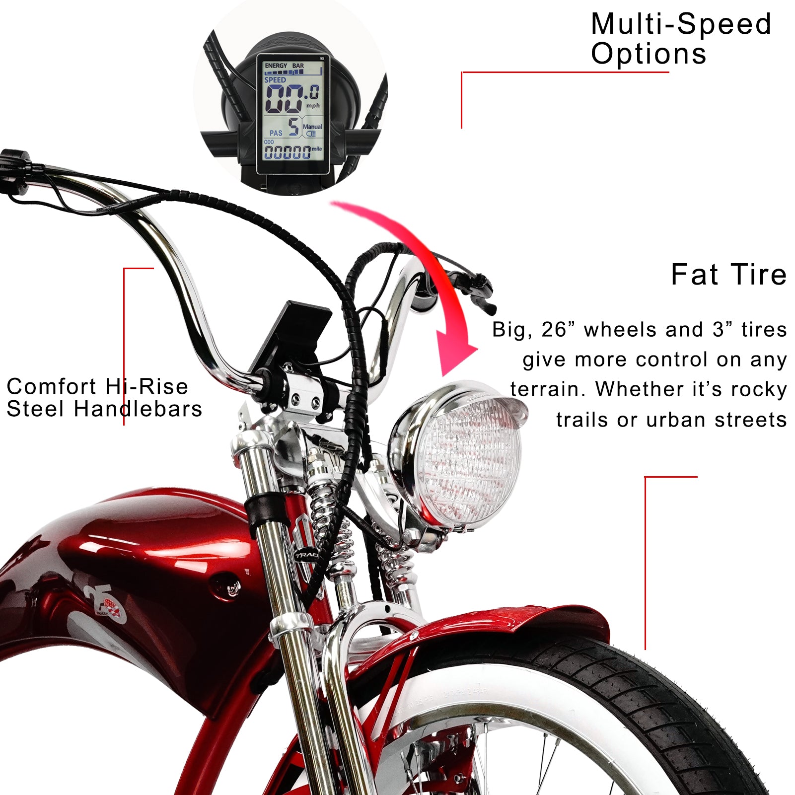 Tracer Twenty5 GTS  26" Chopper Stretch Cruiser E-Bike Steel Frame Triple Tree Dual Springer Classical Fork Disc Brake Motor 5-Speed Hi-Rise HANDLEBAR Alloy Polishing FAT Rims Front 3" Rear 4" 26x3.0 White Wall Tires - Energize Trek