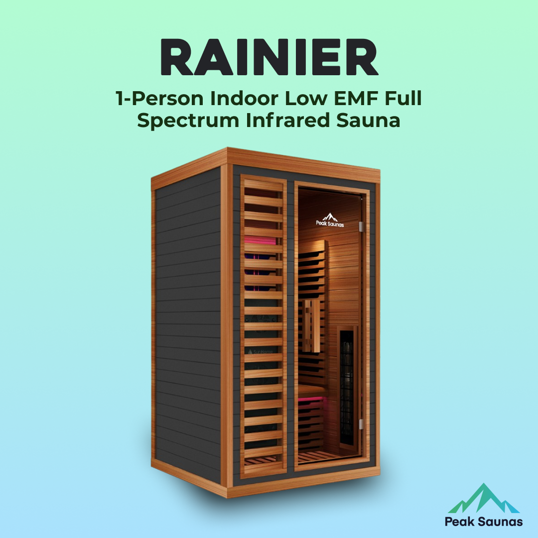 Peak Saunas Rainier 1-Person Full Spectrum Infrared Sauna with XL Medical-Grade Red Light Therapy & Smart WiFi App Control - Energize Trek