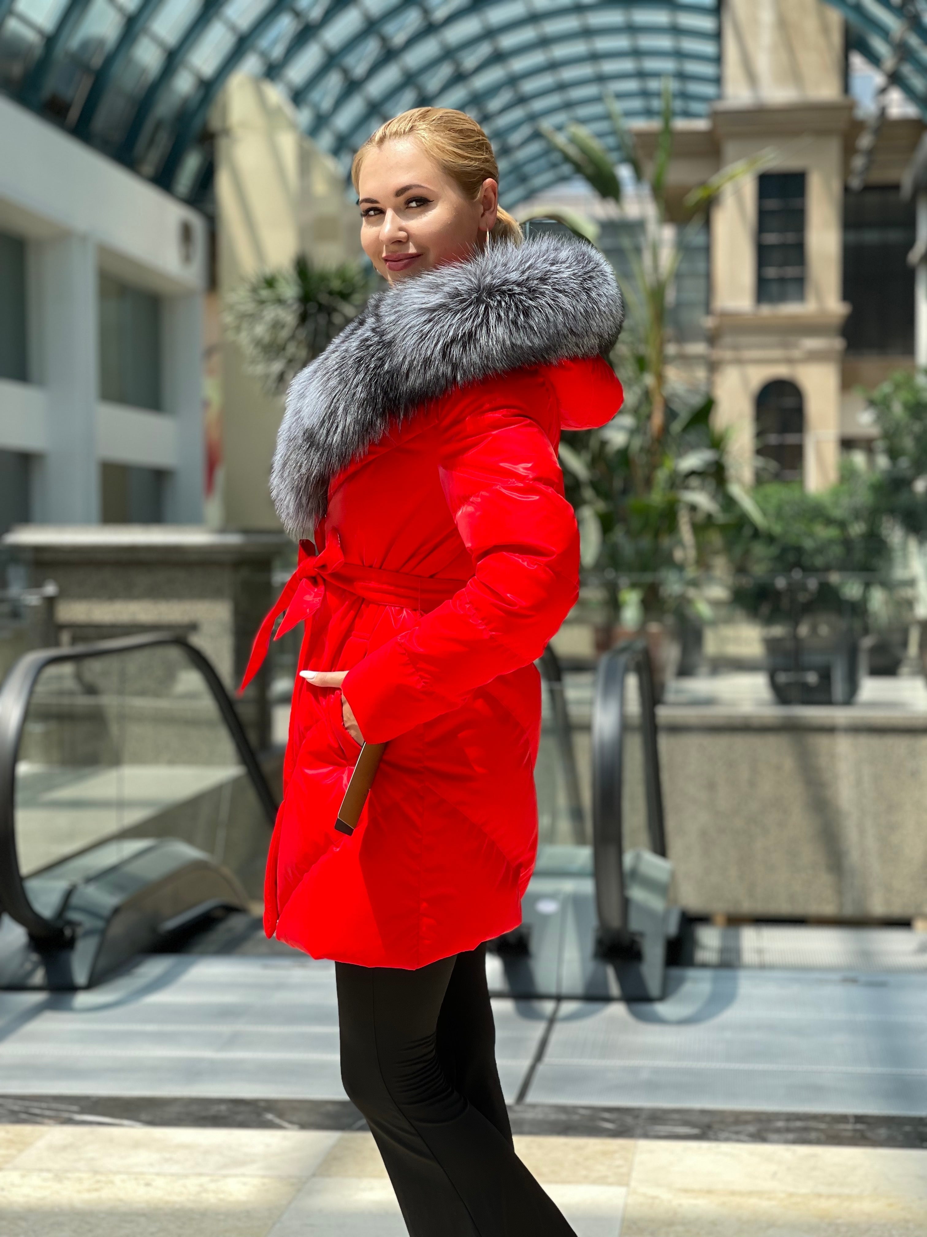 Genuine Silver Fox Fur Down Fill Coat Vinyl Finish - Energize Trek