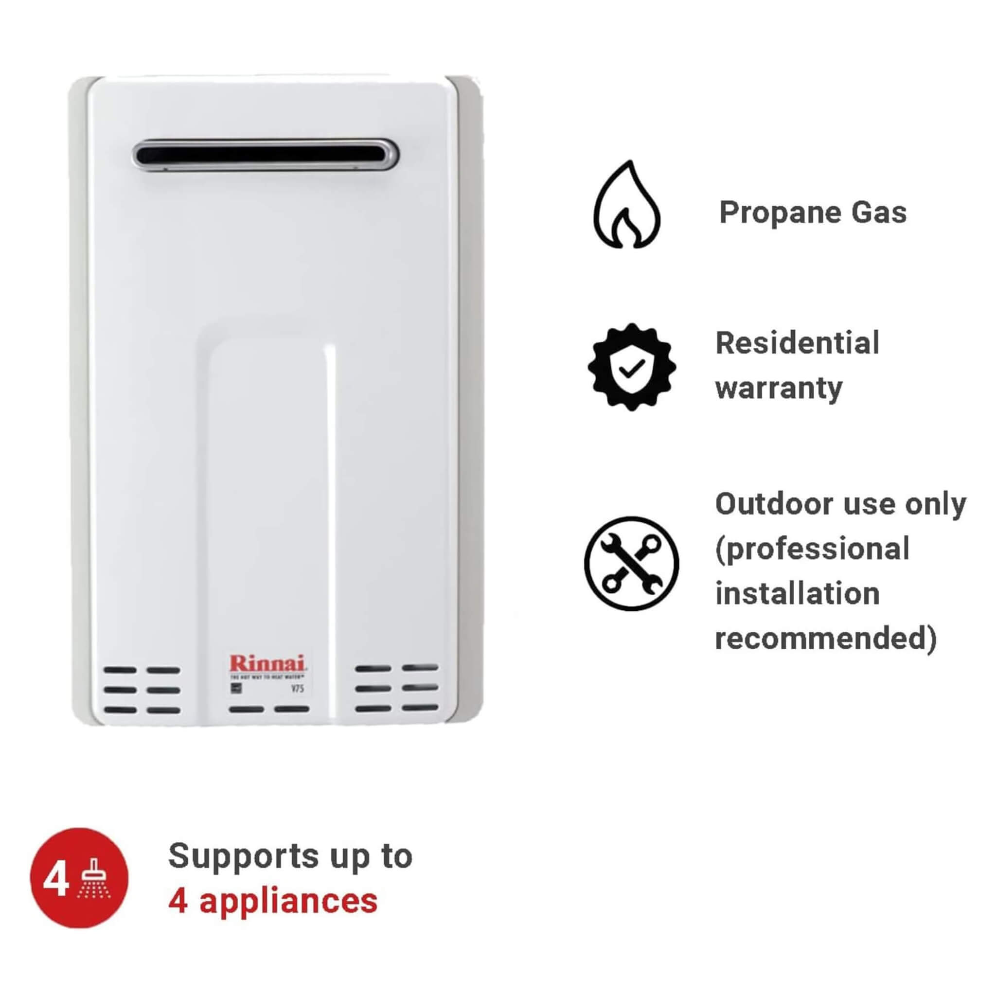 Rinnai HE 7.5 GPM Residential Outdoor Propane Non Condensing Tankless Water Heater [351-V75EP] (SAK28107) - Energize Trek