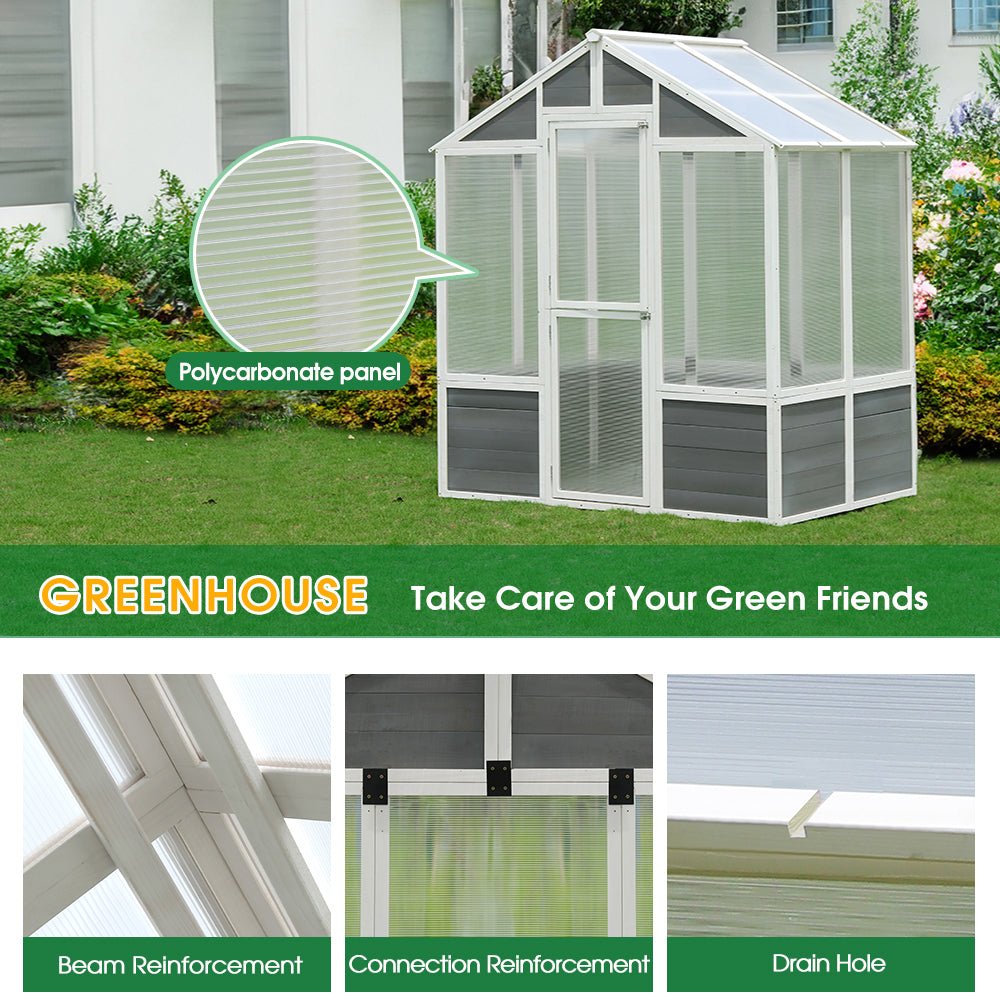 Outdoor Walk-In Polycarbonate Garden Greenhouse With Drain Holes, 4x6FT (SAK51873) - Energize Trek
