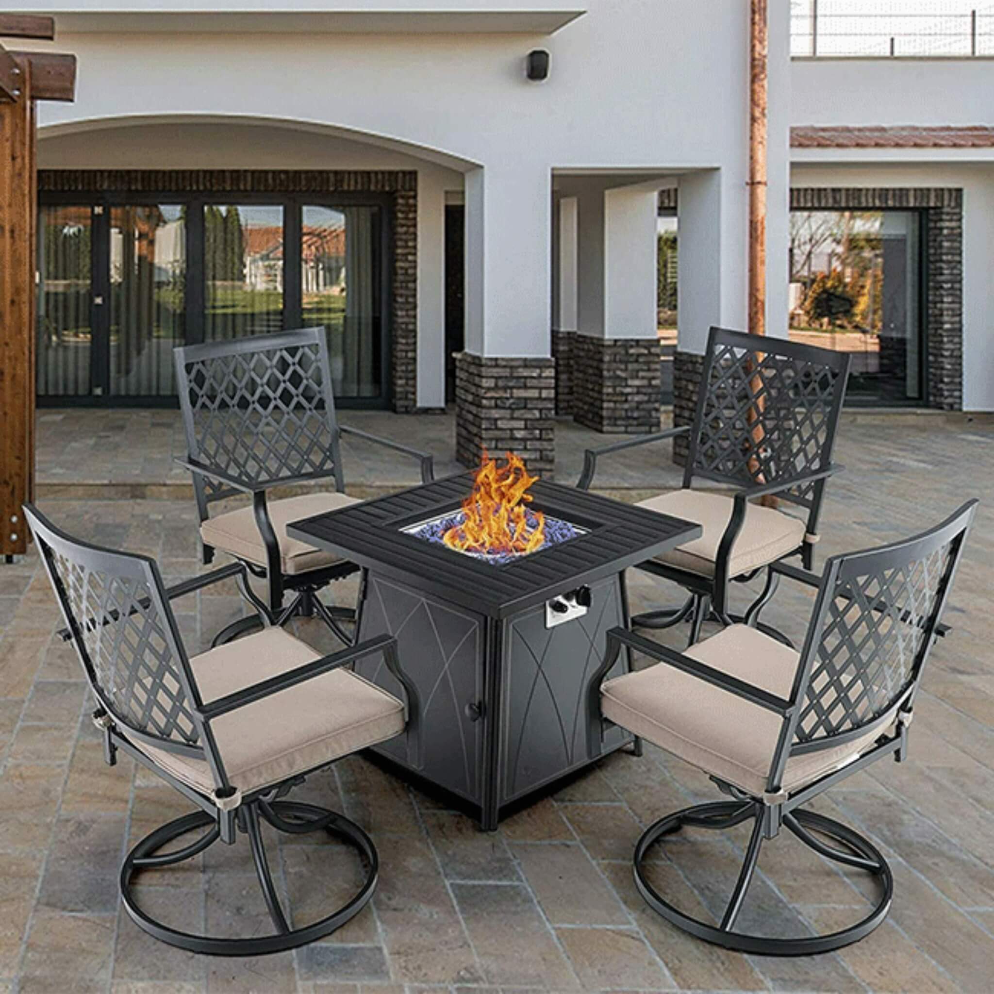Sophia & William Outdoor Gas Fire Pit Table Set W/ Cushioned Swivel Dining Chairs, 5PCS (SAK63872) - Energize Trek