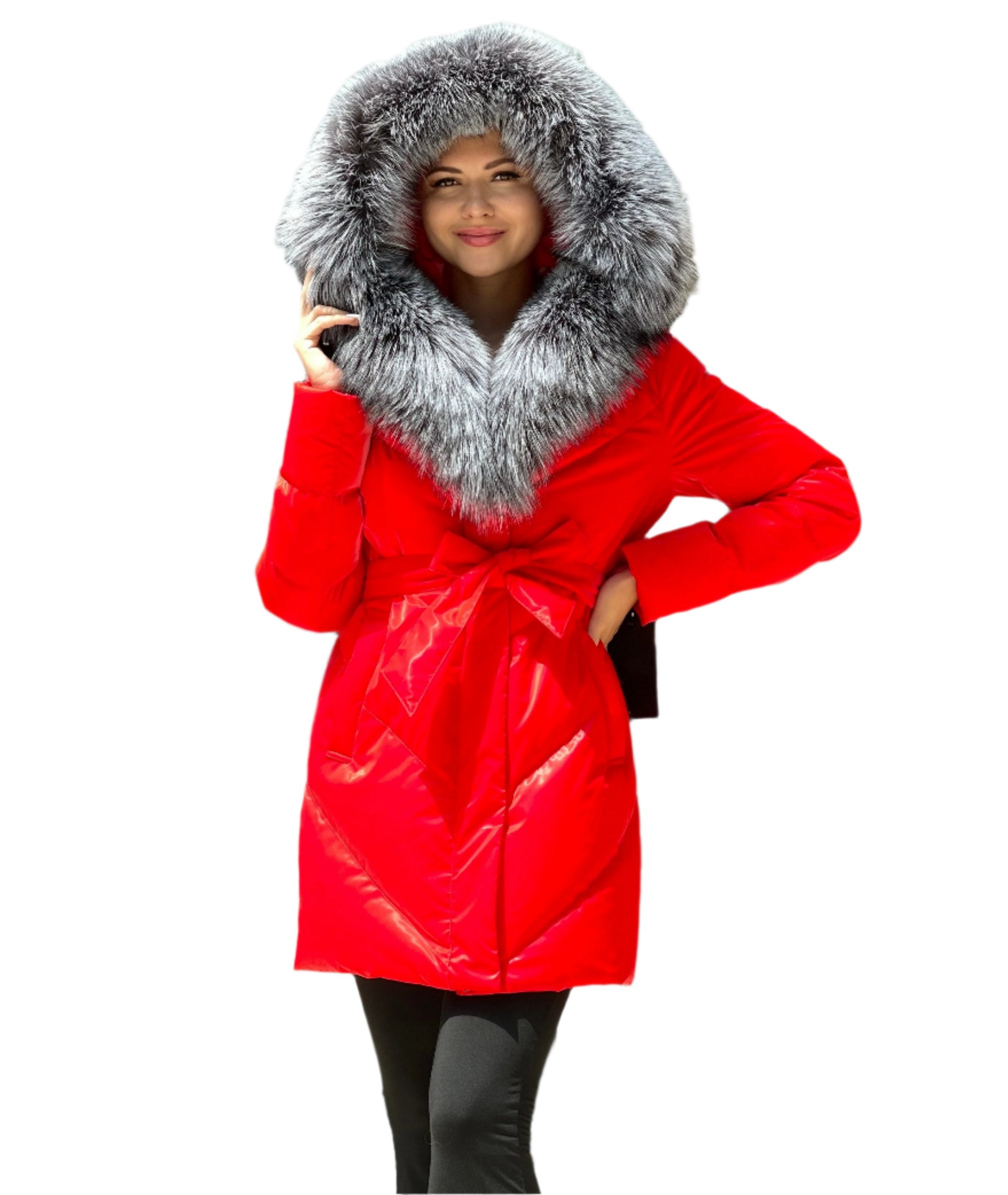 Genuine Silver Fox Fur Down Fill Coat Vinyl Finish - Energize Trek