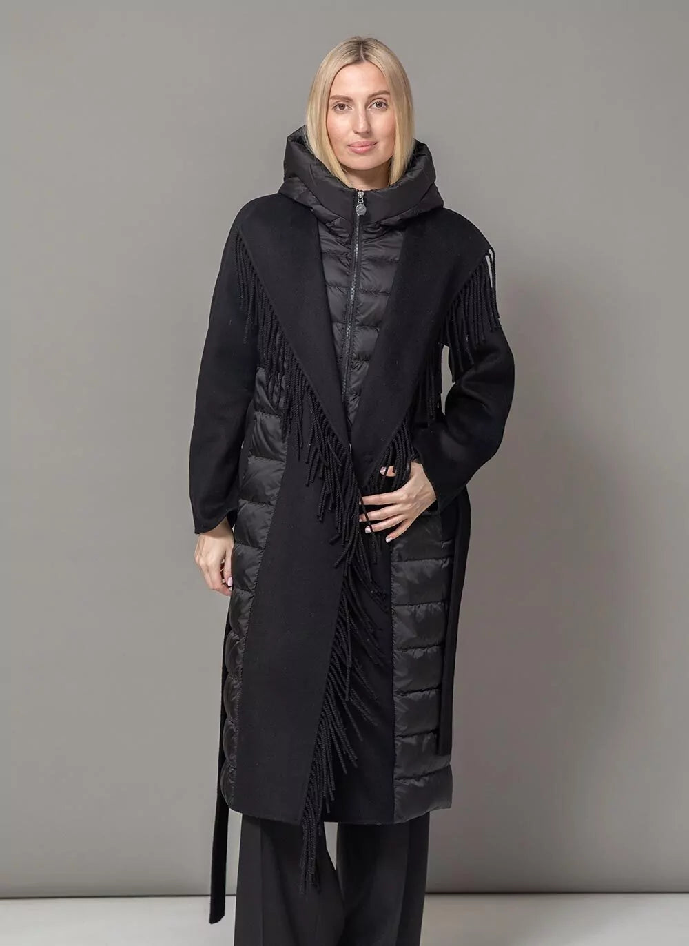 Kennedy Fringe Luxe Down Wool Blend Coat in Black - Energize Trek