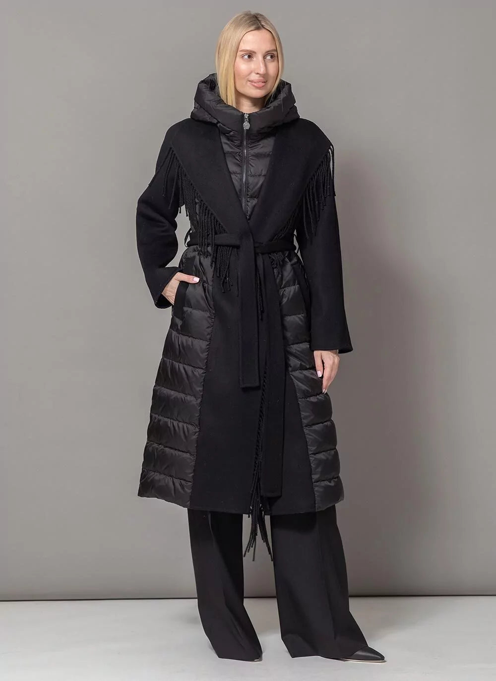 Kennedy Fringe Luxe Down Wool Blend Coat in Black - Energize Trek