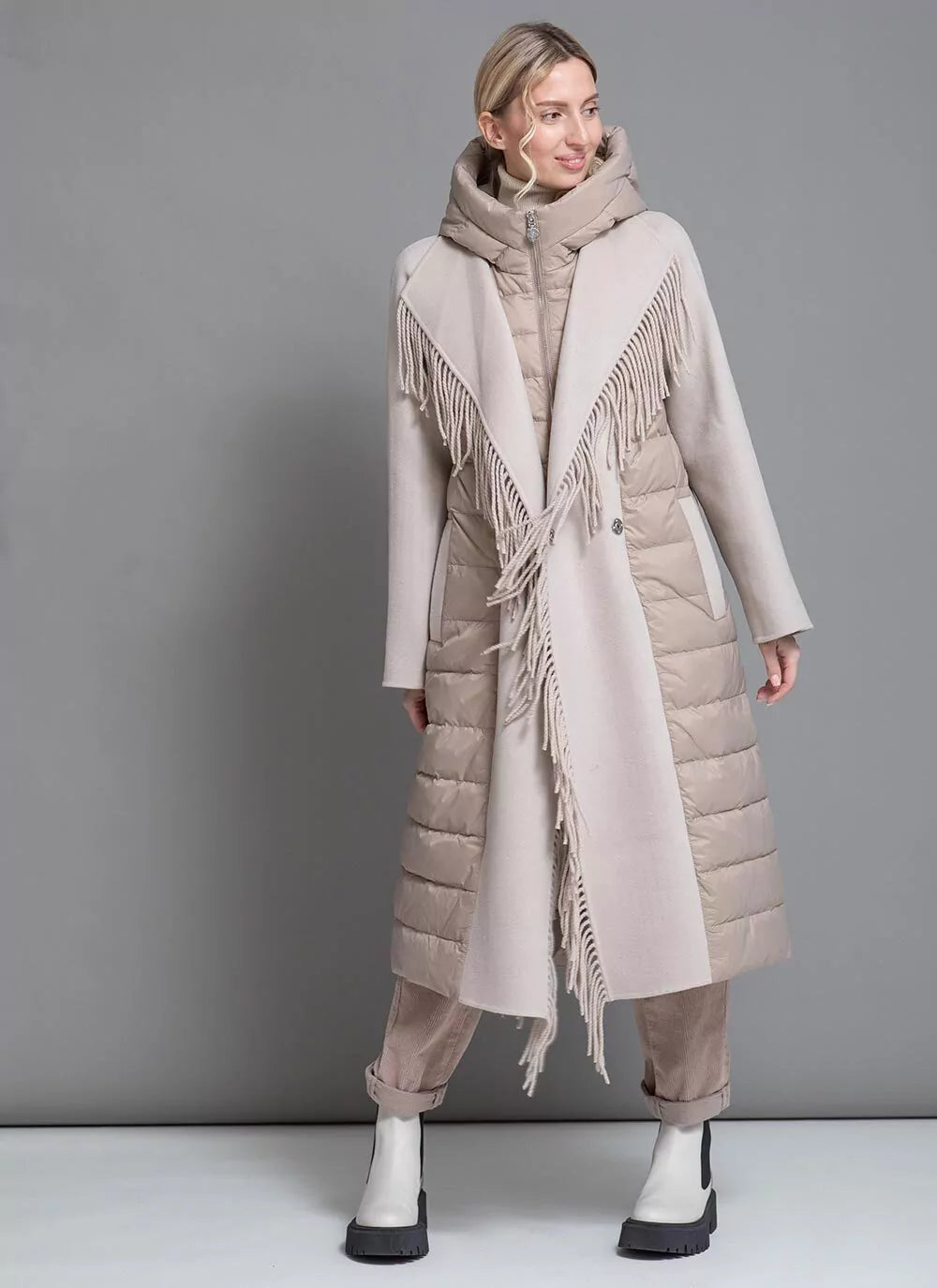Kennedy Fringe Luxe Down Wool Coat in Beige - Energize Trek