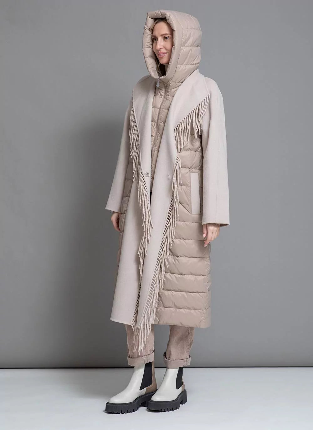 Kennedy Fringe Luxe Down Wool Coat in Beige - Energize Trek