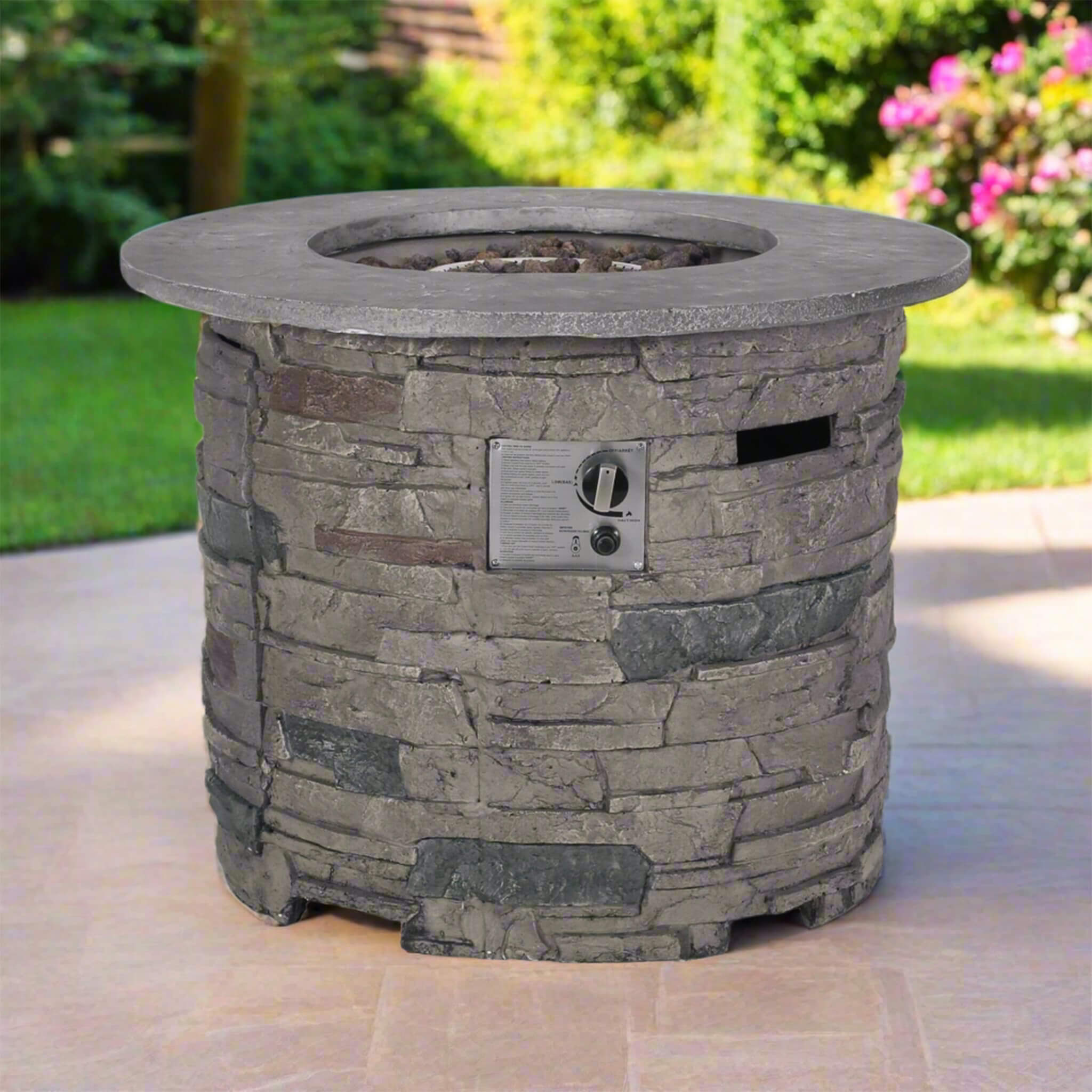 32" Transitional Outdoor Concrete Round Propane Fire Pit Table, Gray (SAK48268) - Energize Trek