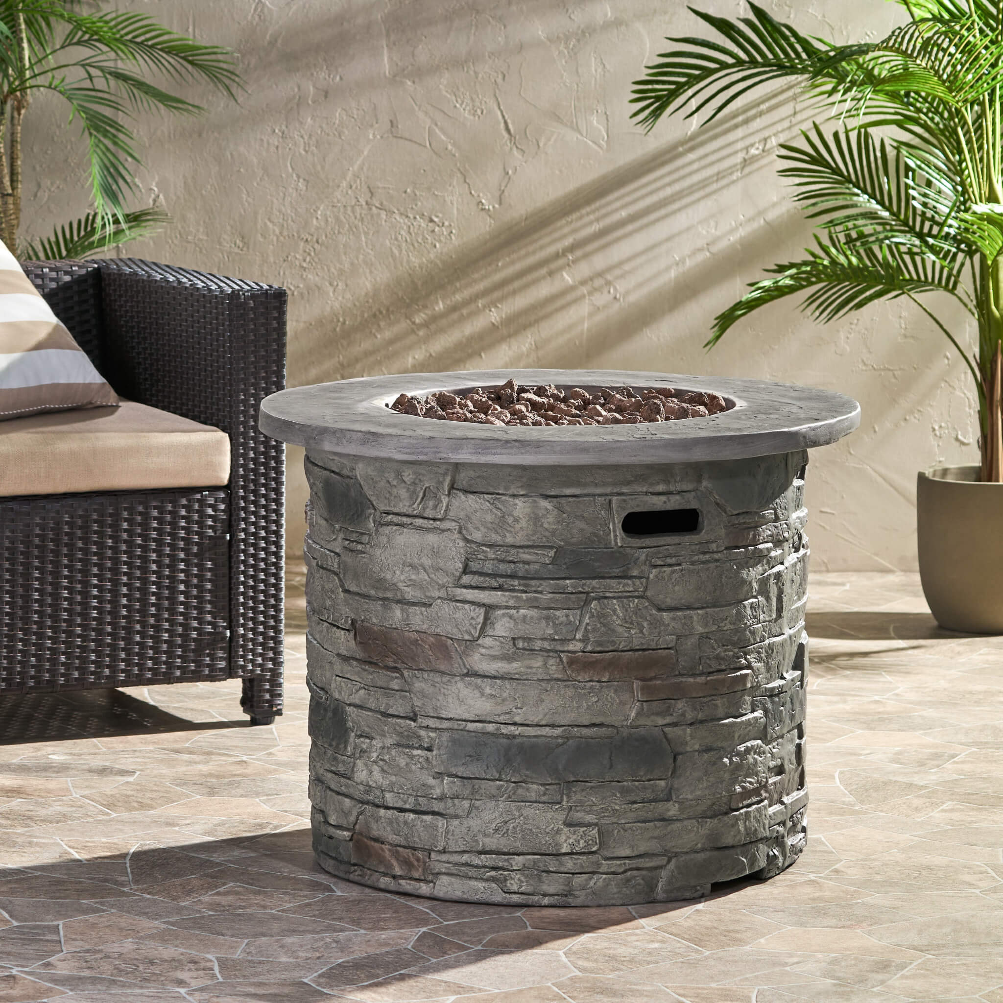 32" Transitional Outdoor Concrete Round Propane Fire Pit Table, Gray (SAK48268) - Energize Trek