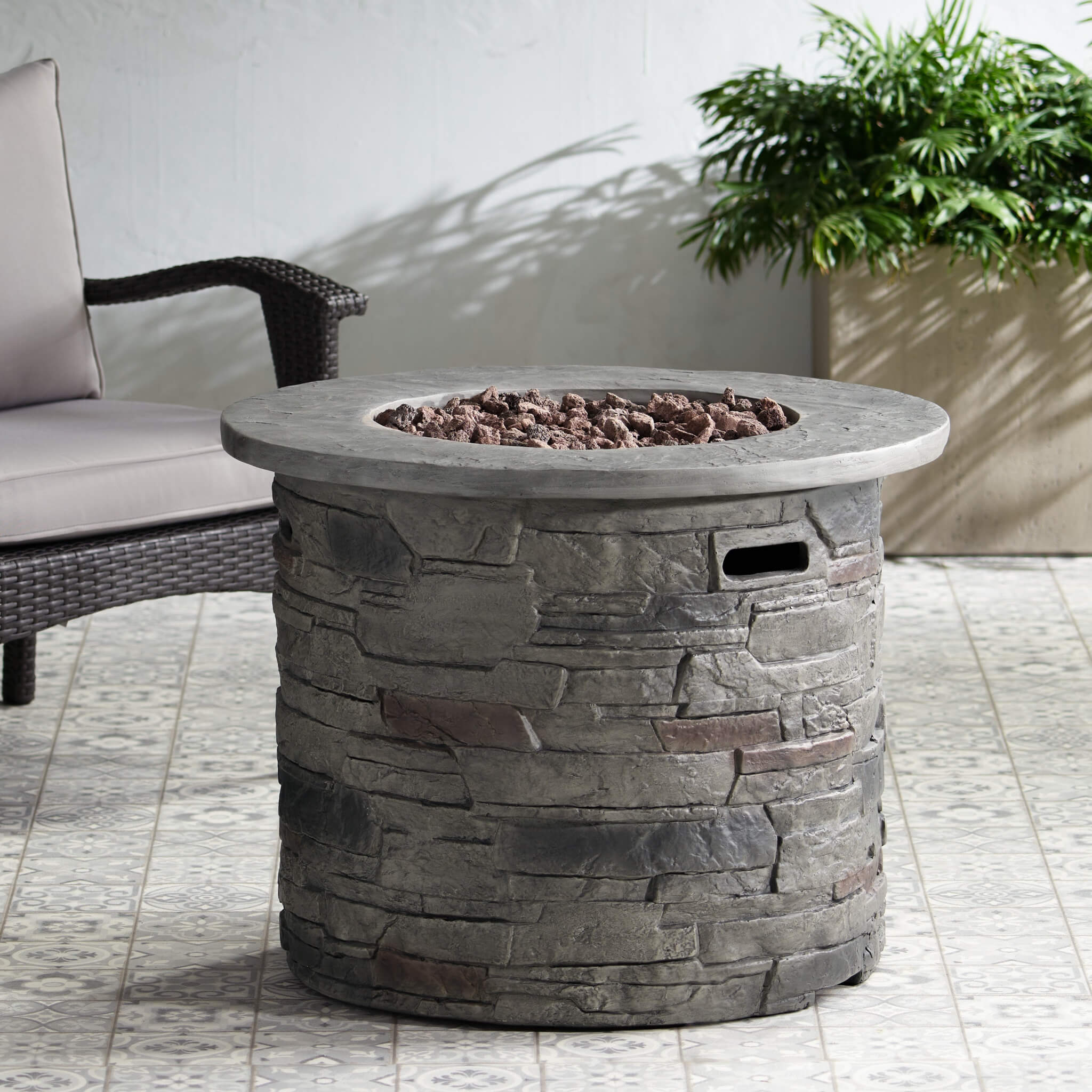 32" Transitional Outdoor Concrete Round Propane Fire Pit Table, Gray (SAK48268) - Energize Trek