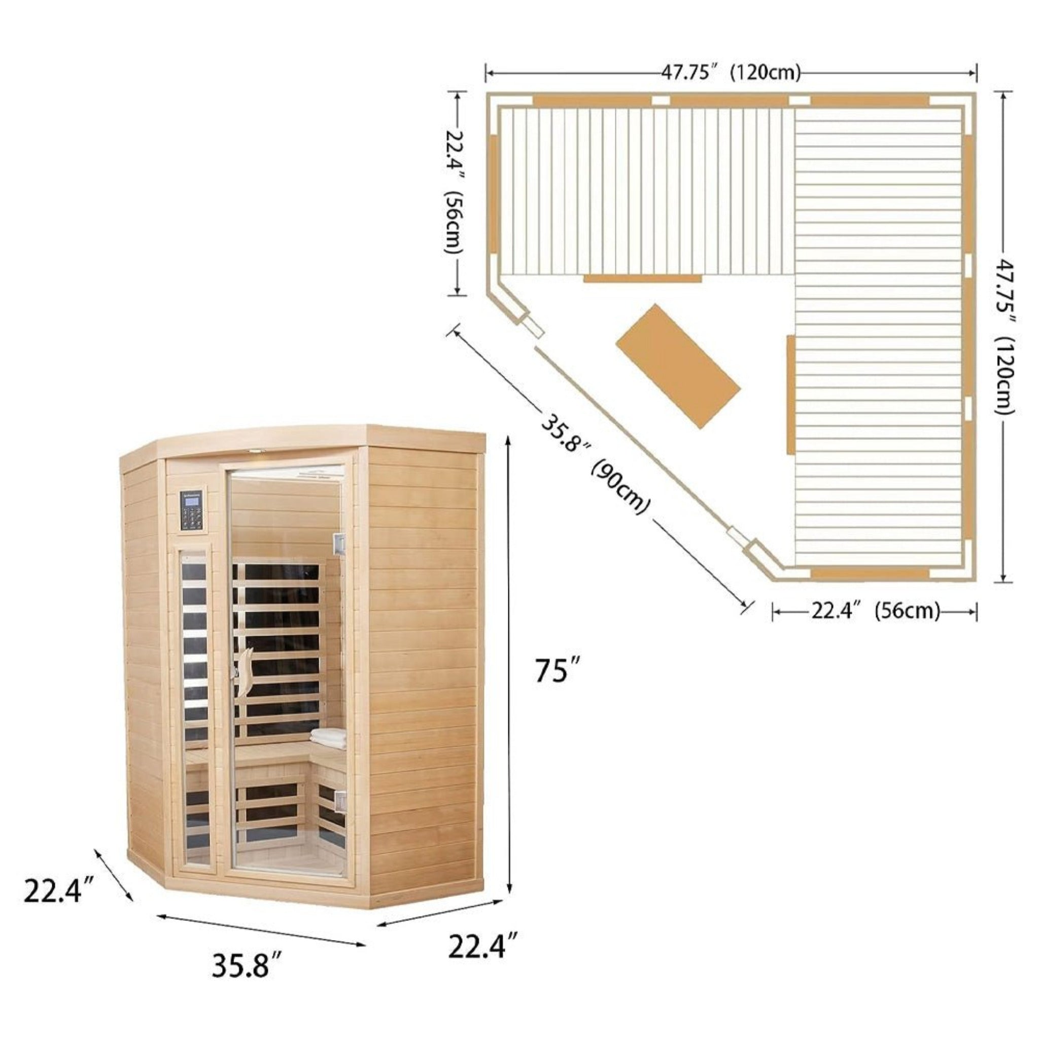Premium 2-Person Corner Space Infrared Wooden Sauna Room With Bluetooth Speakers, 1600W (SAK81524) - Energize Trek