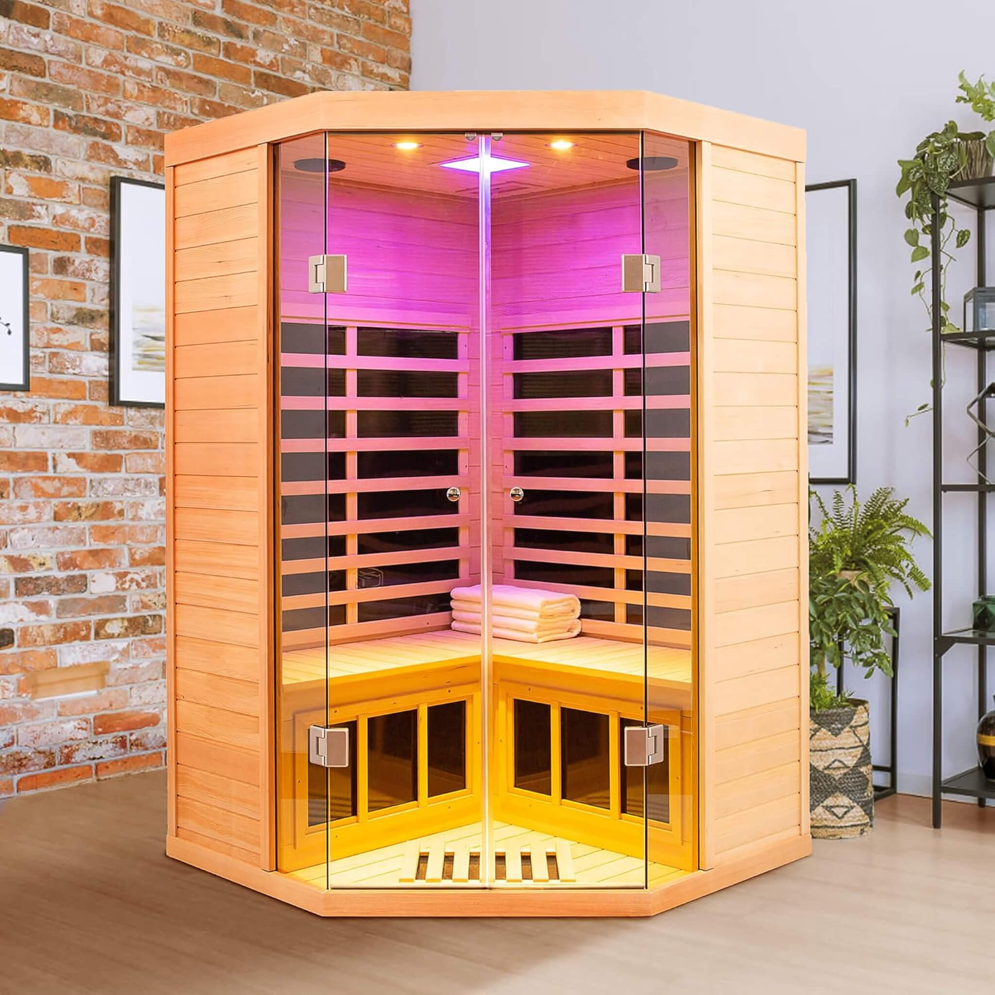 Premium 2-Person Corner Space Infrared Wooden Sauna Room With Bluetooth Speakers, 1600W (SAK81524) - Energize Trek
