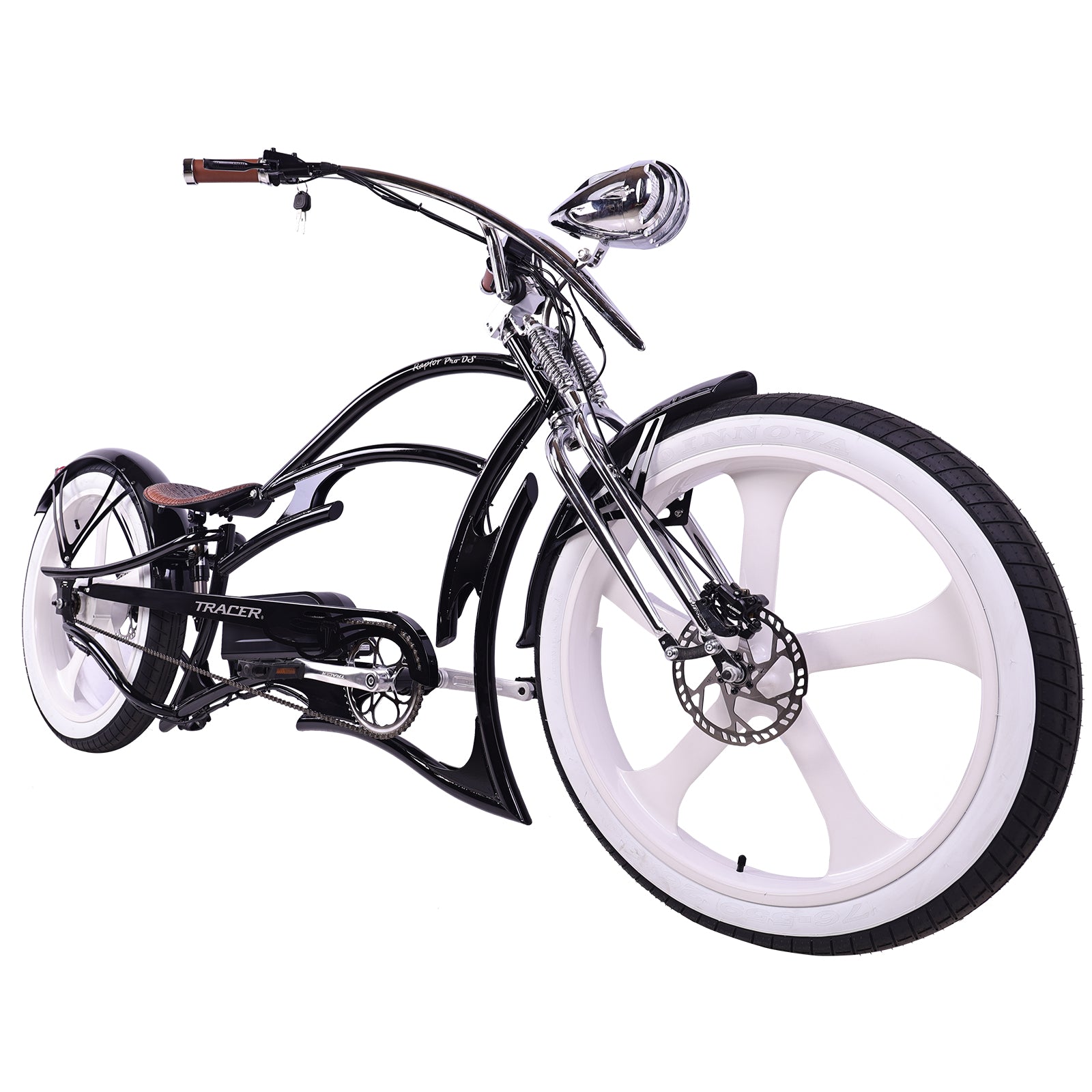Tracer Raptor Pro DS (UPC: 74967183xxxx), 26" Chopper Stretch Cruiser E-Bike, Steel Frame Dual Spring DS Fork, Single Speed, Speed and Torque Integrated Sensor, It has an intelligent Pedal Assisted System with 3 riding modes and 5 levels of pedal assist - Energize Trek