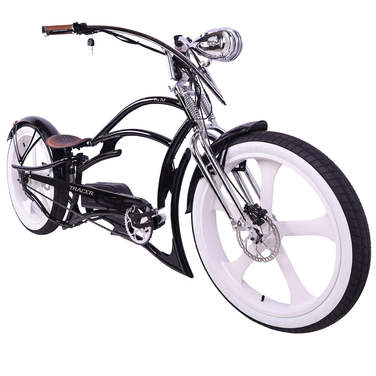 Tracer Raptor Pro DS (UPC: 74967183xxxx), 26" Chopper Stretch Cruiser E-Bike, Steel Frame Dual Spring DS Fork, Single Speed, Speed and Torque Integrated Sensor, It has an intelligent Pedal Assisted System with 3 riding modes and 5 levels of pedal assist - Energize Trek